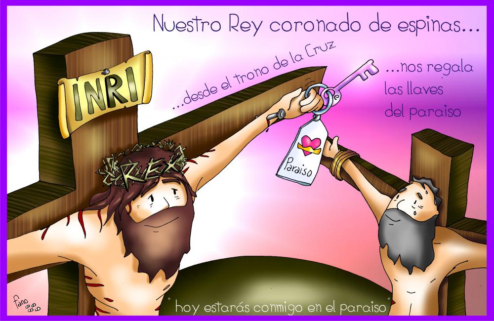 Jescucristo entregando las llaves del paraiso al buen ladrón que lo defendió y se arrepintió de su pecado