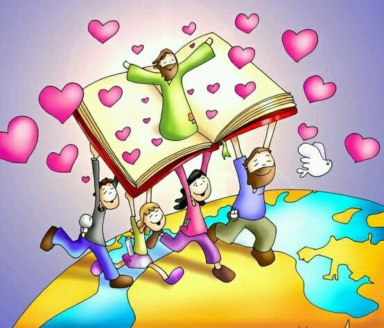 cuatro personas llevan la biblia, donde está Dios, y se desprenden corazones por la felicidad