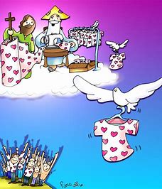 Dios Padre y Jesús producen cosas como camisetas con estampado de corazones, que mandan a la tierra