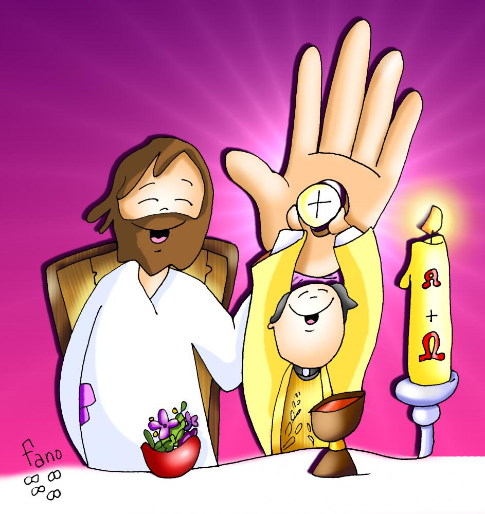 Dios reflejando su mano cuando el sacerdote levanta la hostia consagrada