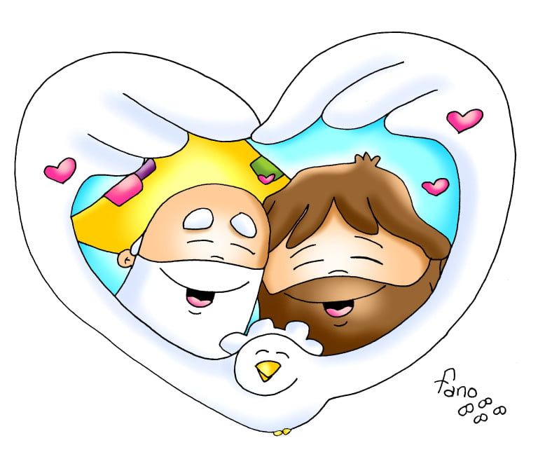Ilustración de la santisima trinidad, el Espíritu Santo abraza a Dios Padre y Dios hijo