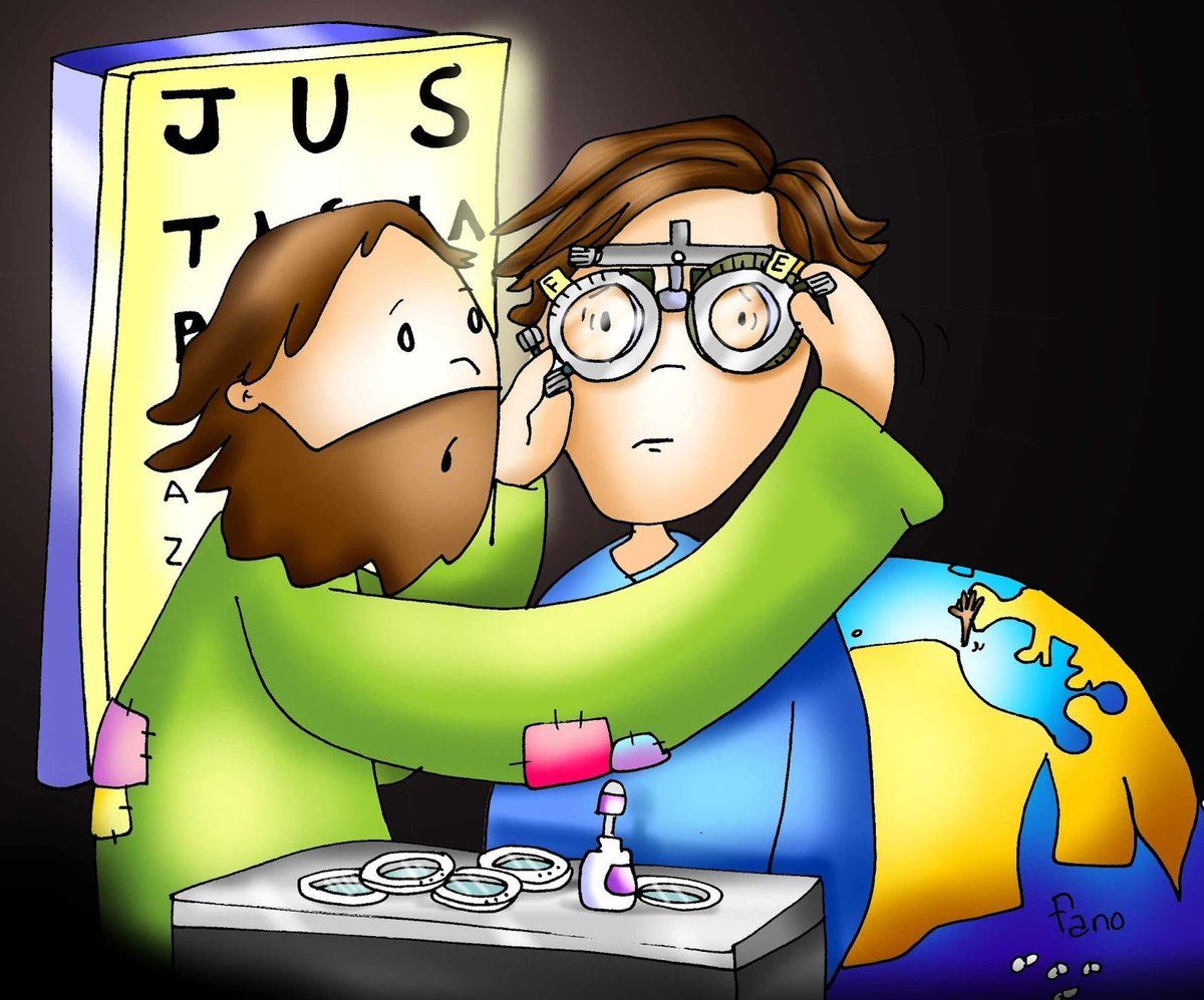 ilustración donde hay un Dios que le ajusta los lentes a un hombre
