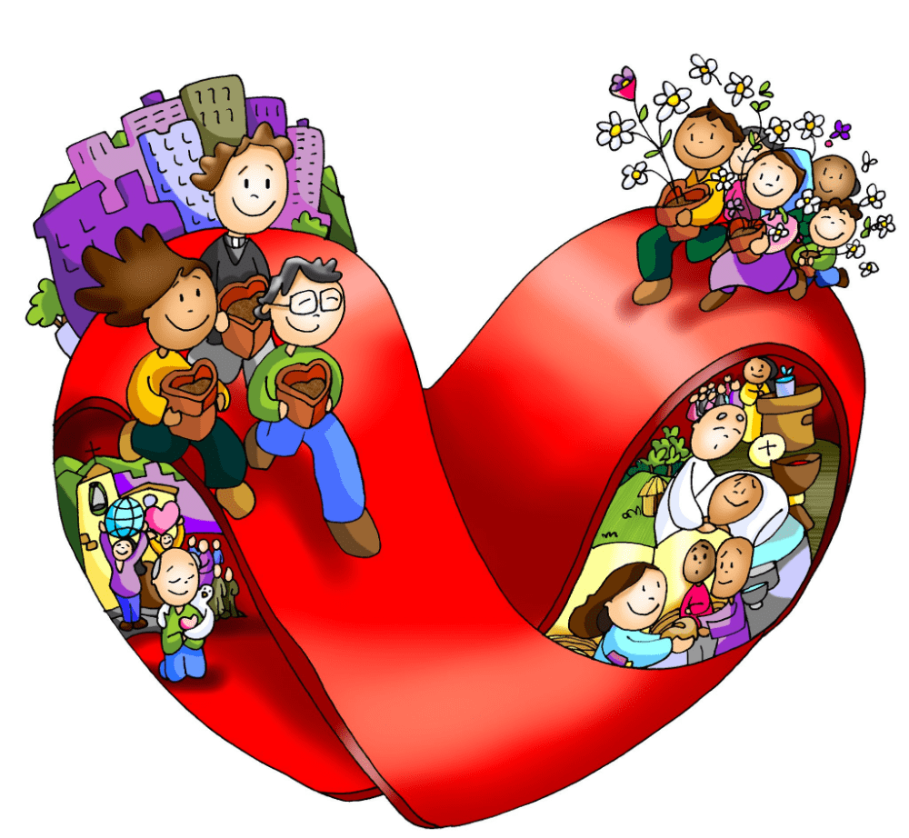 Ilustración de varias personas llevando un corazón o llevando amor